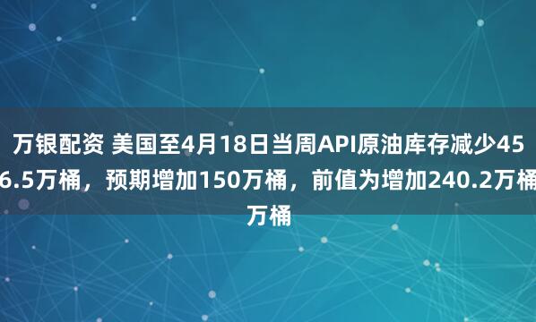 万银配资 美国至4月18日当周API原油库存减少456.5万桶，预期增加150万桶，前值为增加240.2万桶